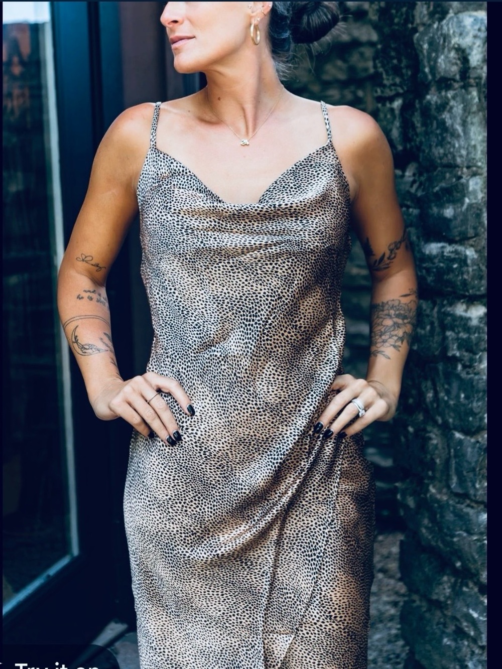 Pookie & Sebastian Dress - cream/gray animal print cowl neck slip dress